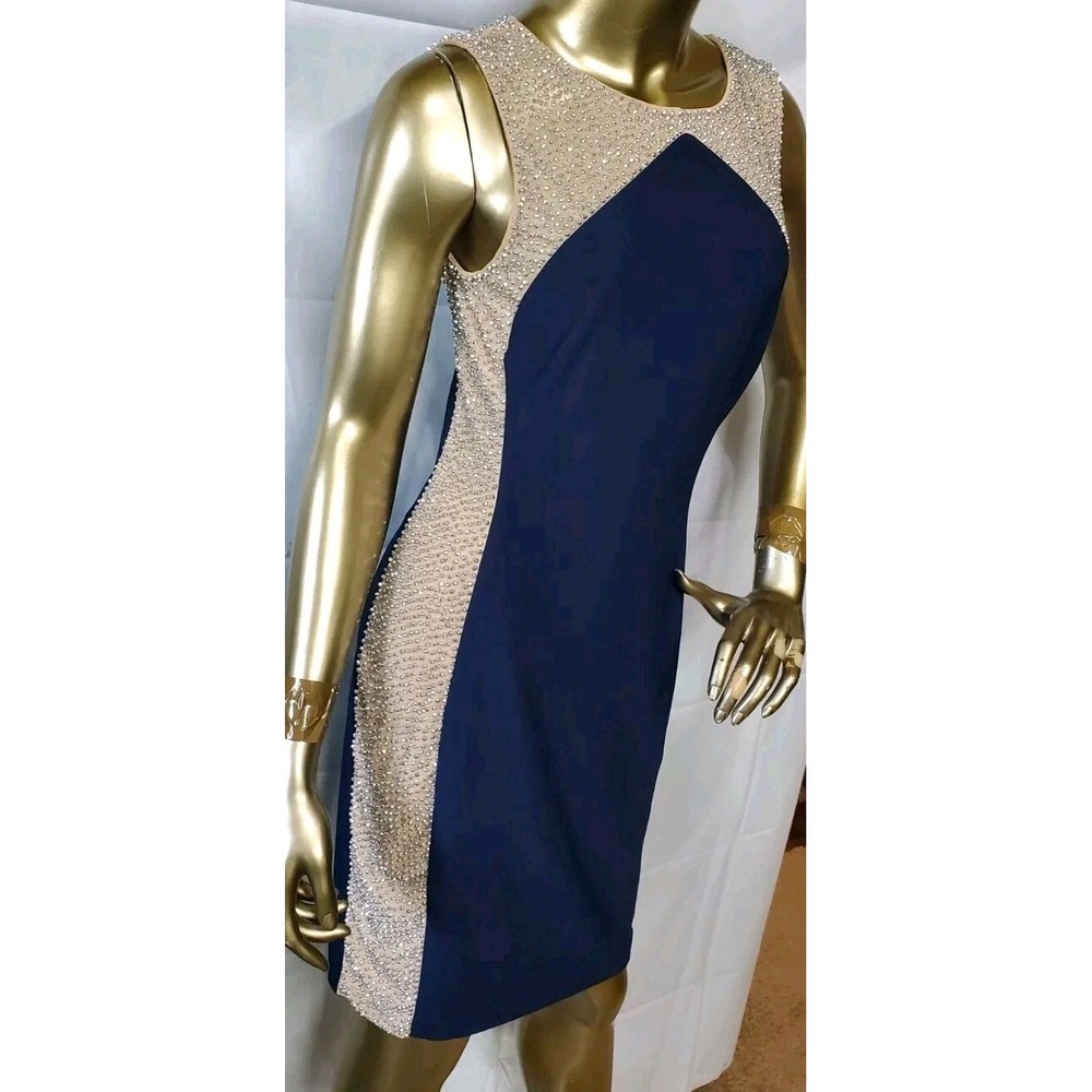 Xscape dress Navy & Tan, Silver Beaded Sides‎ Back Zip. Stretch Bodycon Size 6